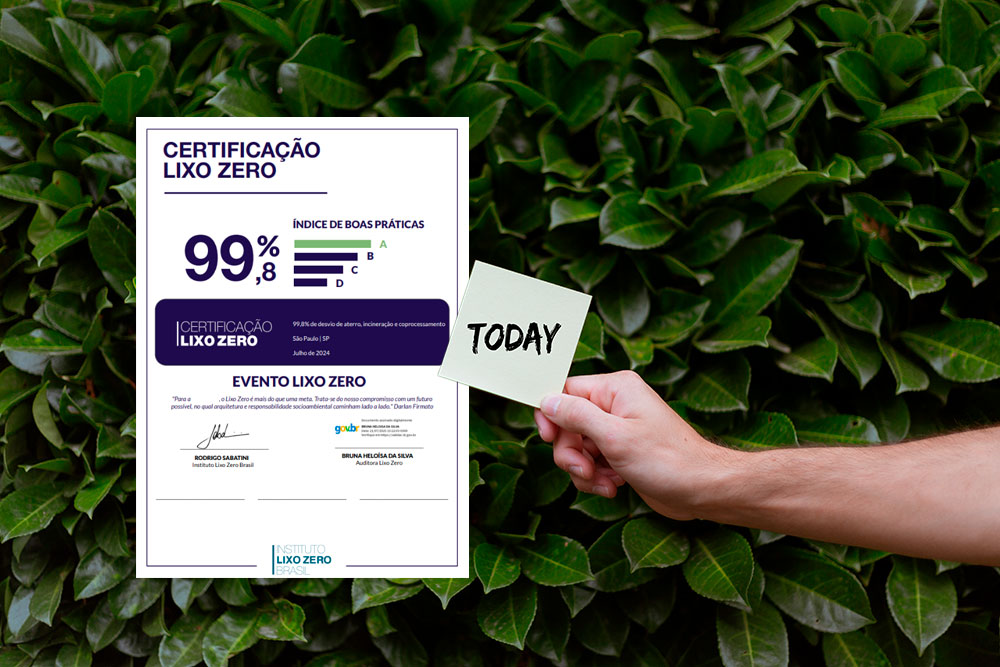 Certificação Lixo Zero destacando índice de 99,8% e incentivo à ação sustentável imediata com a palavra Today.Reforçando que a Certificação é uma decisão estratégica de hoje que garantirá a vantagem no amanhã.