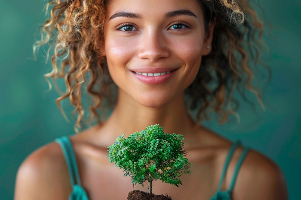 Moça de cabelos enrolados e loiros, segura uma mini árvore, demonstrando o que mudou na hierarquia Lixo Zero em 2025: a nova orientação global da ZWIA