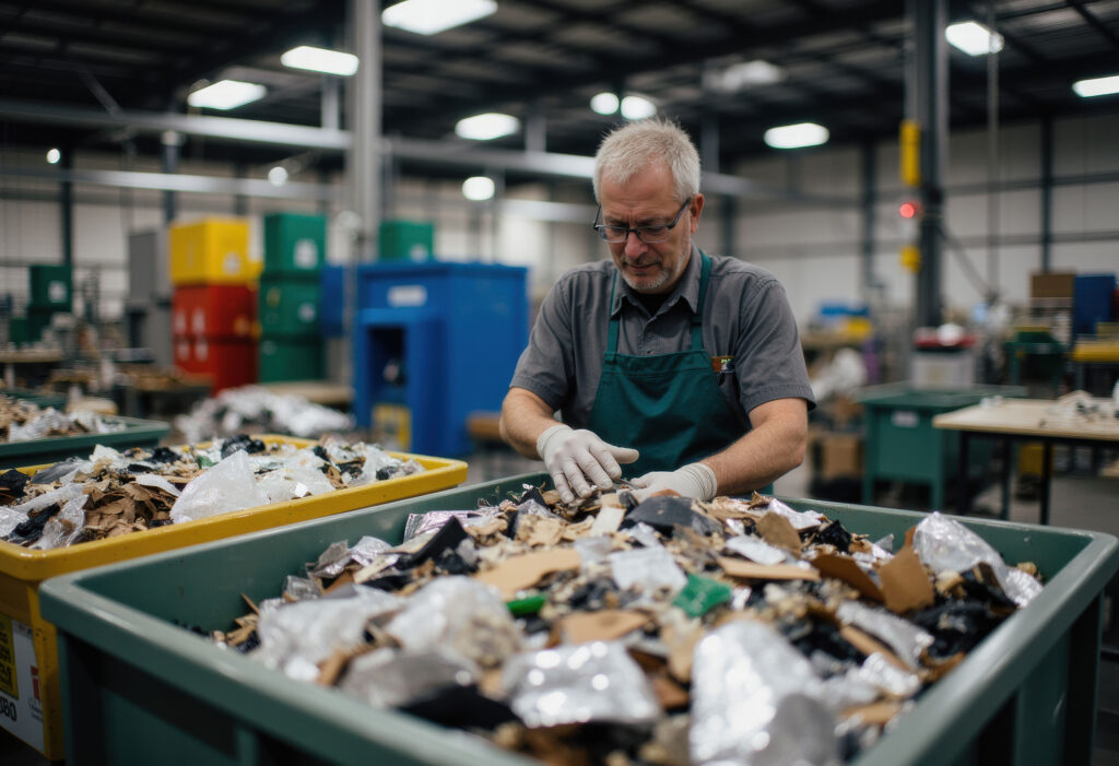 Um senhor faz a gestão de resíduos em uma empresa