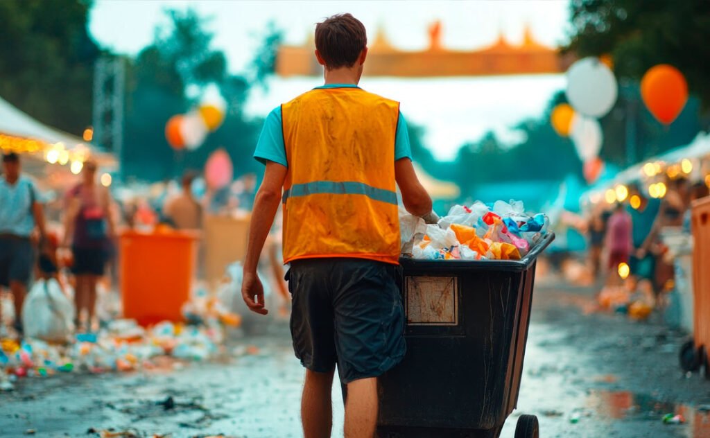 Lixeiro carrega um caçamba pequena e recolhe lixo após o encerramento de um evento. Tem vários lixos no chão. A imagem representa a necessidade da Certificação Lixo Zero para eventos