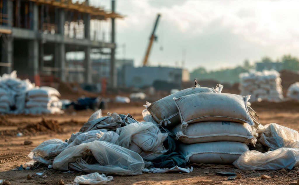 Um monte de saco de cimento e terra, junto com sacos soltos, em um terreno da construção civil
