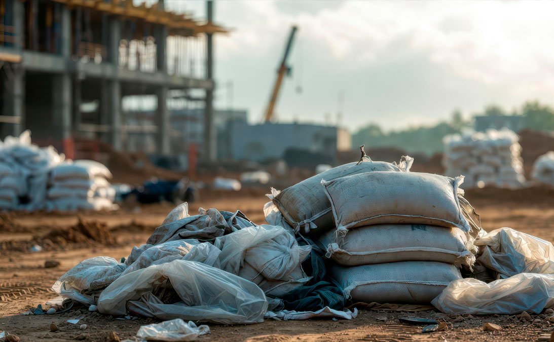 Um monte de saco de cimento e terra, junto com sacos soltos, em um terreno da construção civil