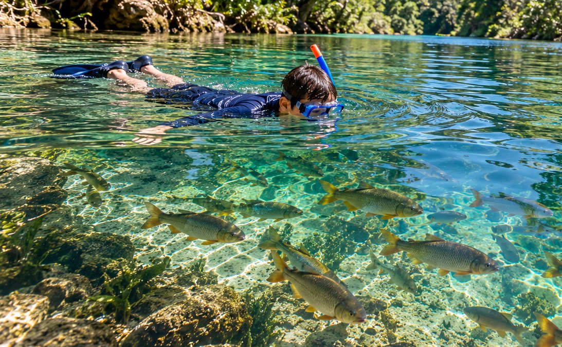 Um garoto está fazendo snorkel nas límpidas águas de Bonito - MS. Um destino de ecoturismo se tornou um polo de gestão Lixo Zero